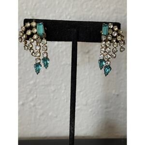 Vintage Antoinette 12K Gold Filled Earrings Blue & Clear Rhinestones